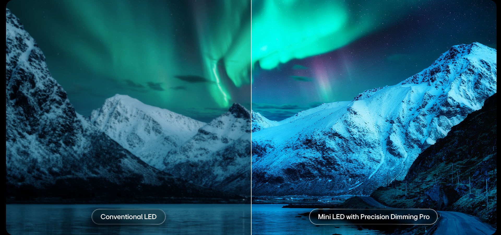 LG QNED evo AI QNED85 Mini LED подчертава Mini LED с Precision Dimming Pro чрез сцена с ледник, сравнявайки стандартен LED.