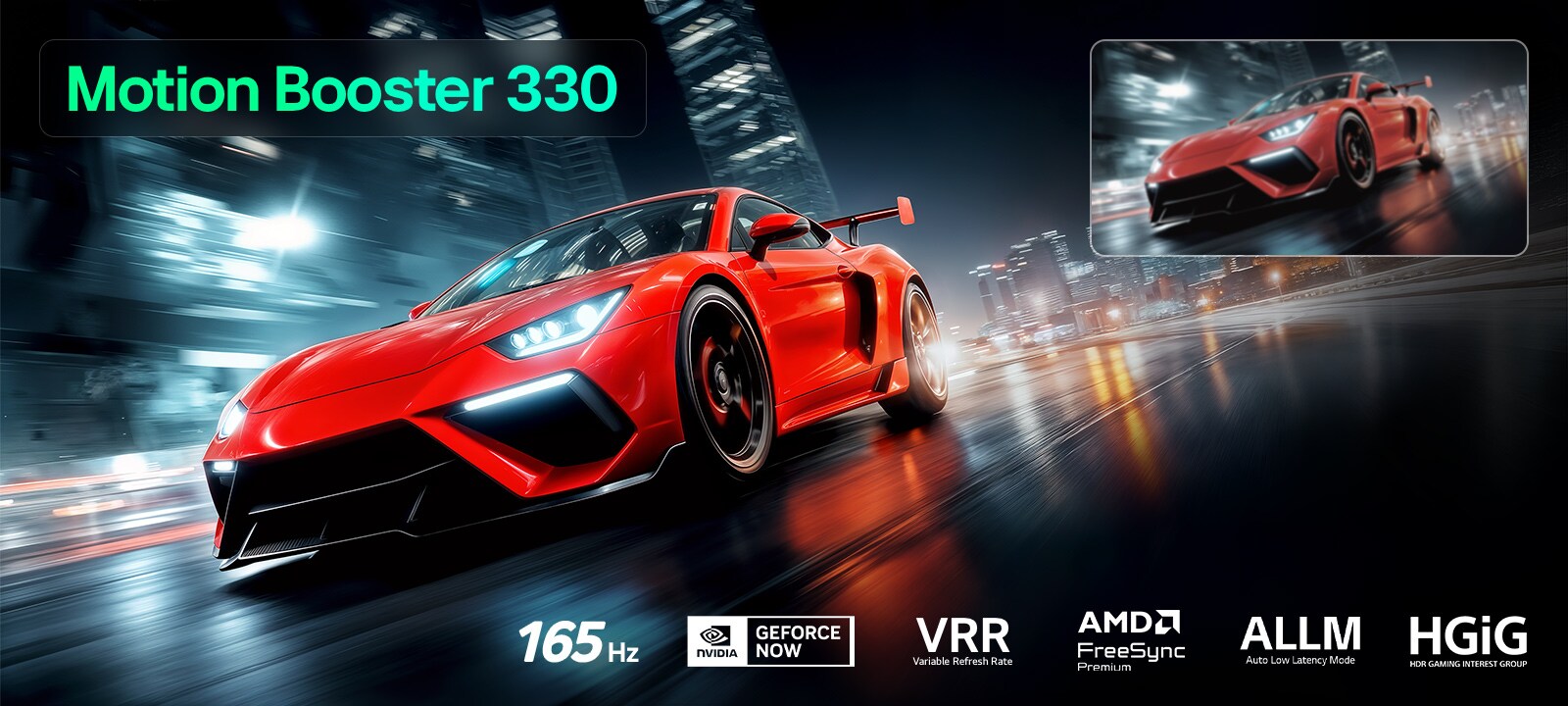 LG QNED evo AI QNED83 Mini LED за Ultimate Gameplay динамична, високоскоростна състезателна сцена с размазано сравнение.
