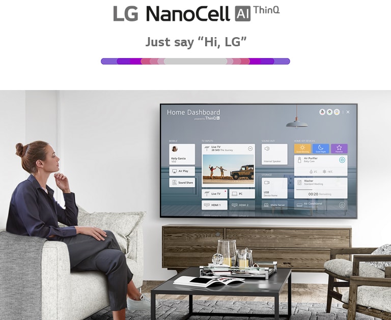 Жена, седяща на диван във всекидневна - на екрана на телевизора се вижда таблото за управление на дома