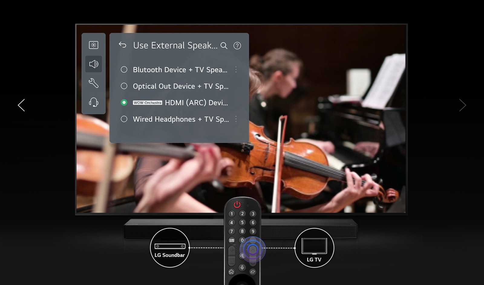 Интерфейсът за смяна на настройките е показан на екрана на телевизора.