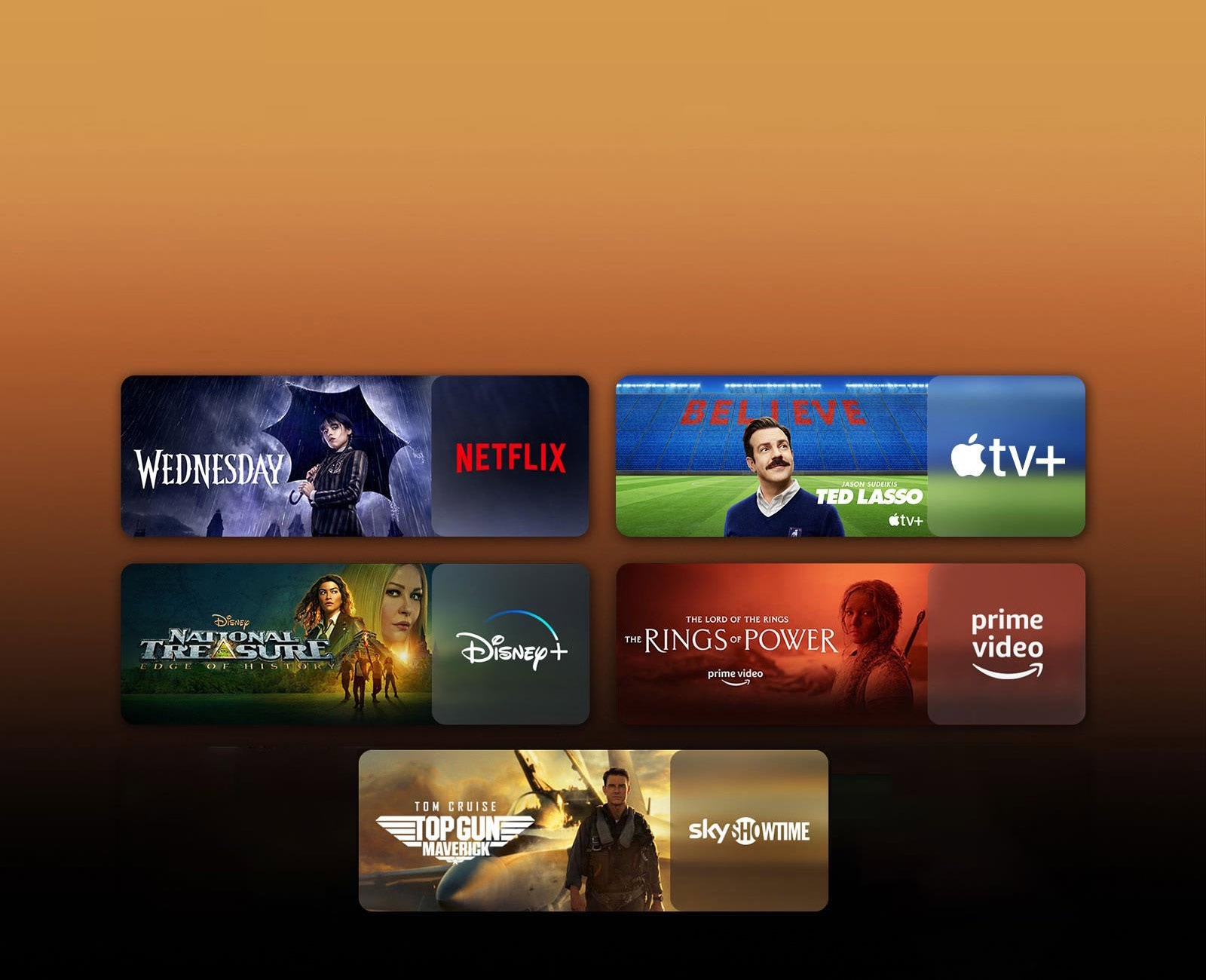 Има лога на платформи за стрийминг услуги и съвпадащи кадри точно до всяко лого. Показани са изображения на „Уенсдей“ на Netflix, „ТЕД ЛАСО“ на Apple TV, „Съкровището“ на Disney Plus, „Пръстените на силата“ на PRIME VIDEO, „ТОП ГЪН“ на sky showtime