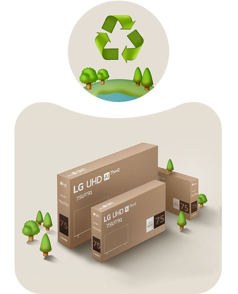 Опаковка на LG UHD на бежов фон с изобразени дървета.