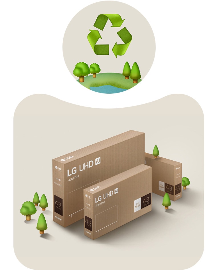 Опаковка на LG UHD на бежов фон с изобразени дървета.