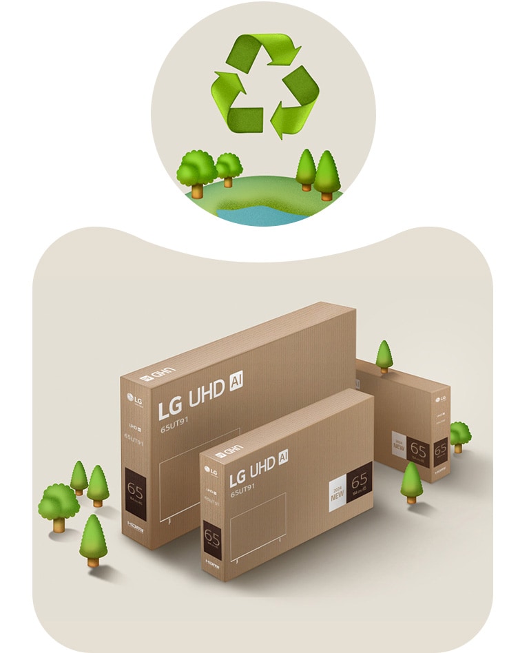 Опаковка на LG UHD на бежов фон с изобразени дървета.