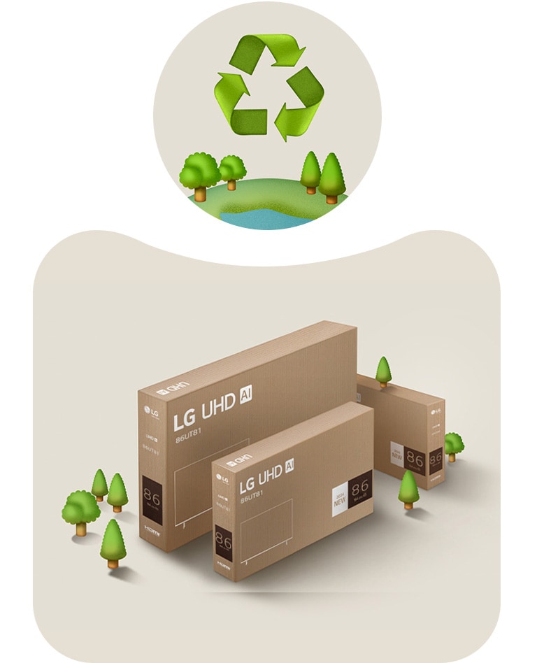Изображение на опаковка на LG UHD на бежов фон с изобразени дървета. 