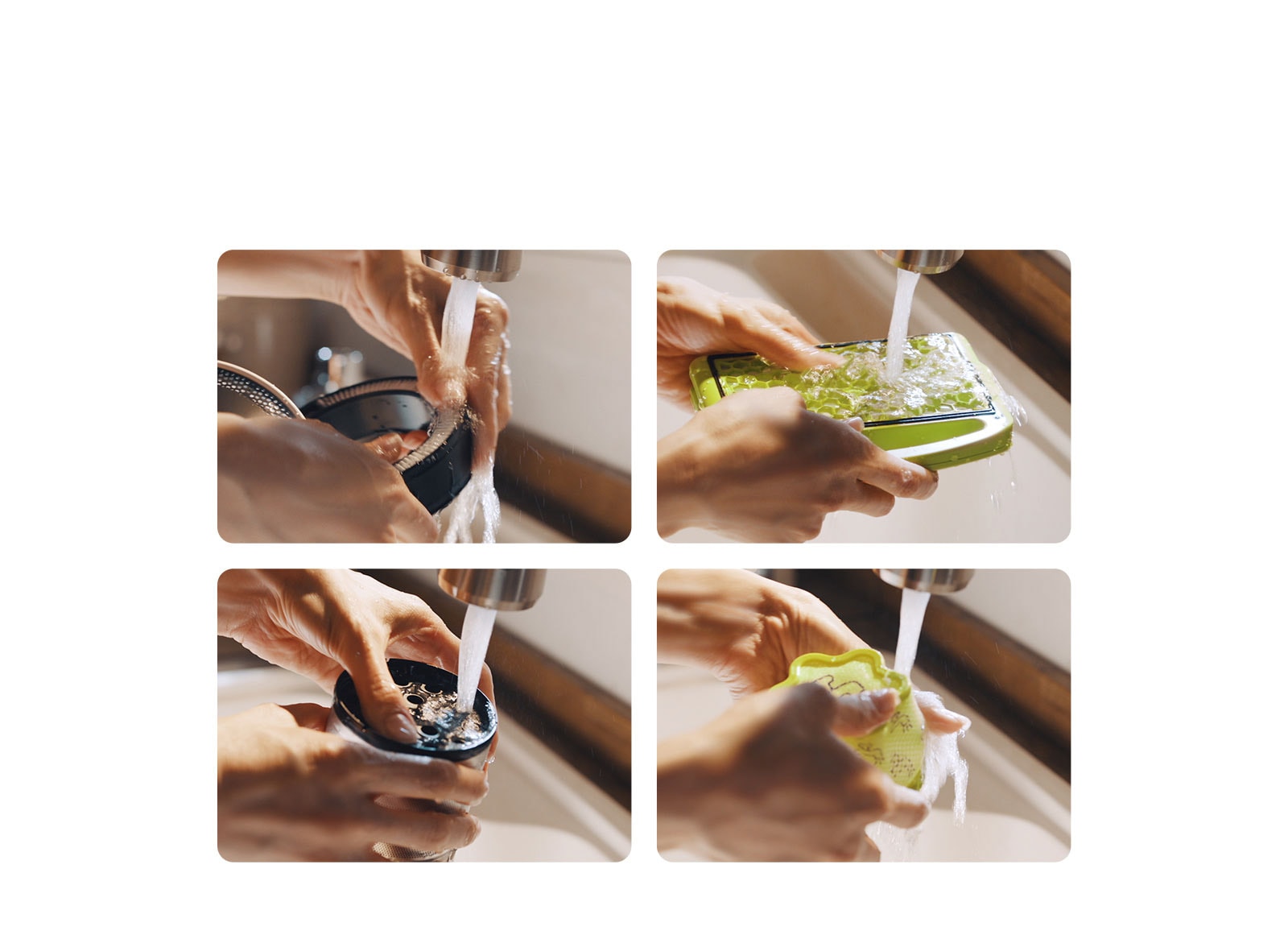 Филтърът се разглобява на четири части и се измива с вода.