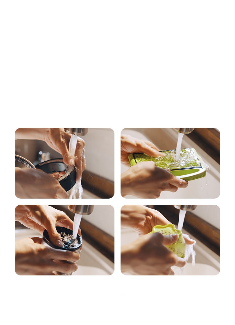 Филтърът се разглобява на четири части и се измива с вода.