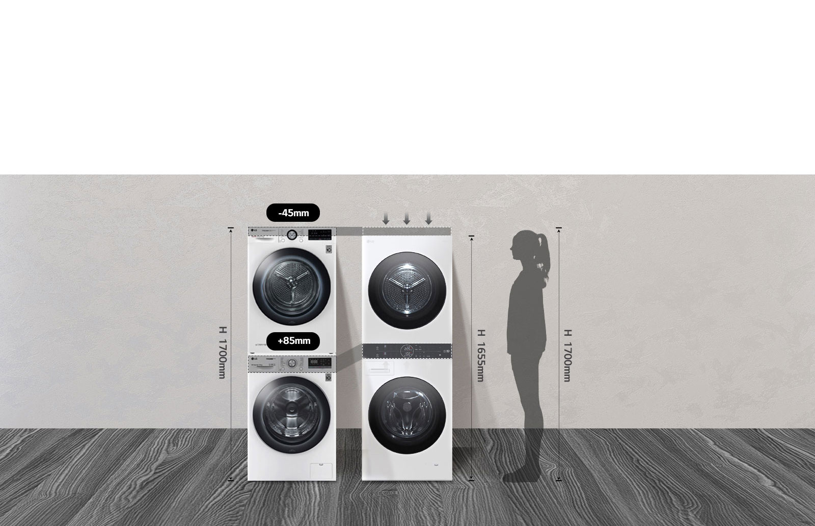 Снимката показва разликите в размерите на подредените една върху друга пералня и сушилня в сравнение с LG WashTower. 