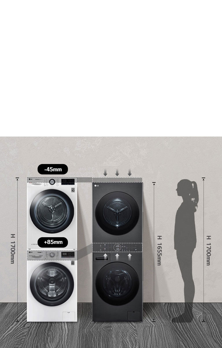 Снимката показва разликите в размерите на подредените една върху друга пералня и сушилня в сравнение с LG WashTower. 