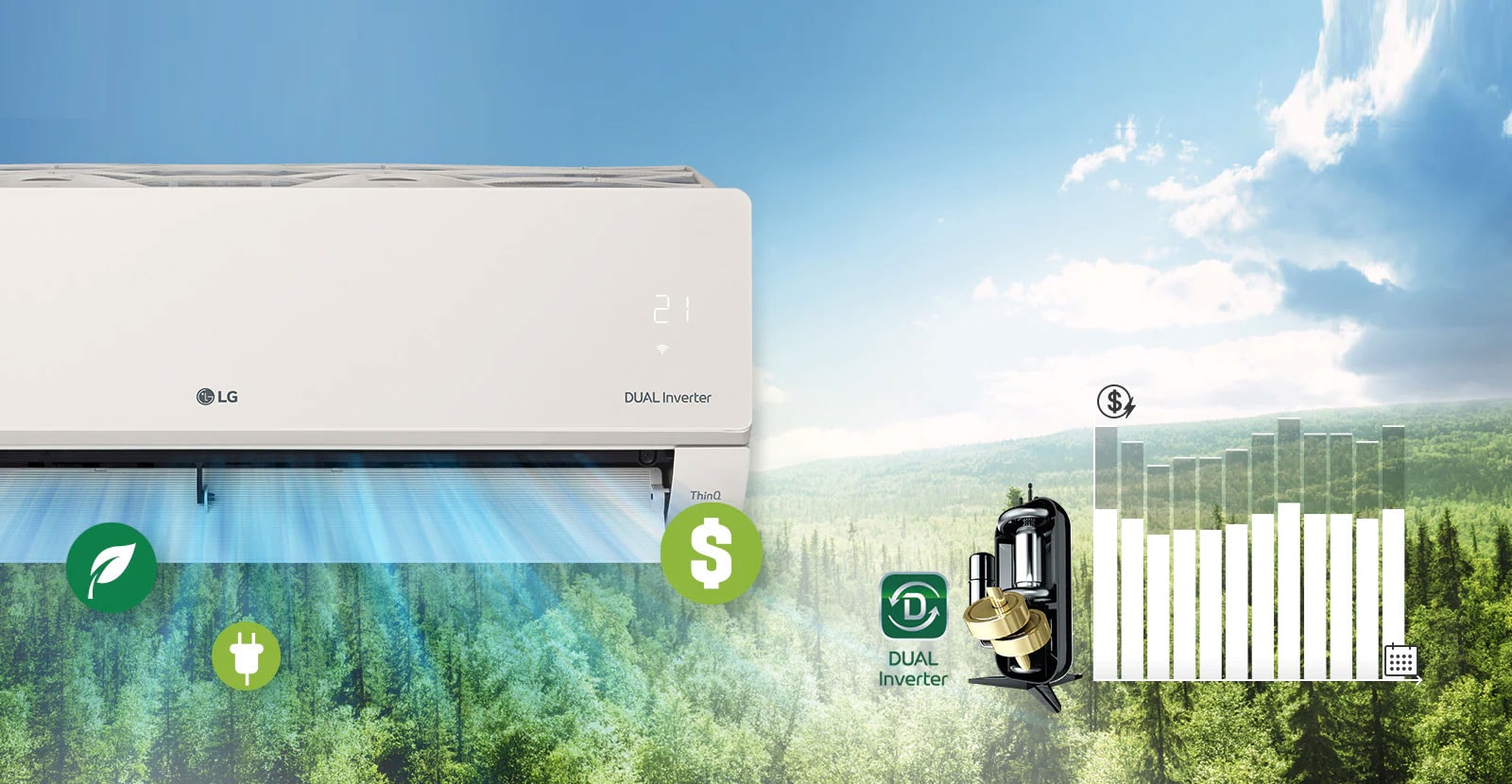 Горският пейзаж е на заден план, а отстрани се вижда половината климатик LG. Логото на LG и логото на DUAL Inverter могат да се видят на машината, като панелът за качество на въздуха свети в зелено. Пред климатика във въздуха, който издухва, има три икони, показващи чист въздух, пари и енергия. Вдясно от машината е логото на DUAL Inverter и изображението на DUAL Inverter. По-надясно има стълбовидна диаграма. Стълбовете се покачват нагоре, показвайки повече изразходвани пари и след това се спускат, за да покажат, че DUAL Inverter спестява пари на клиентите.
