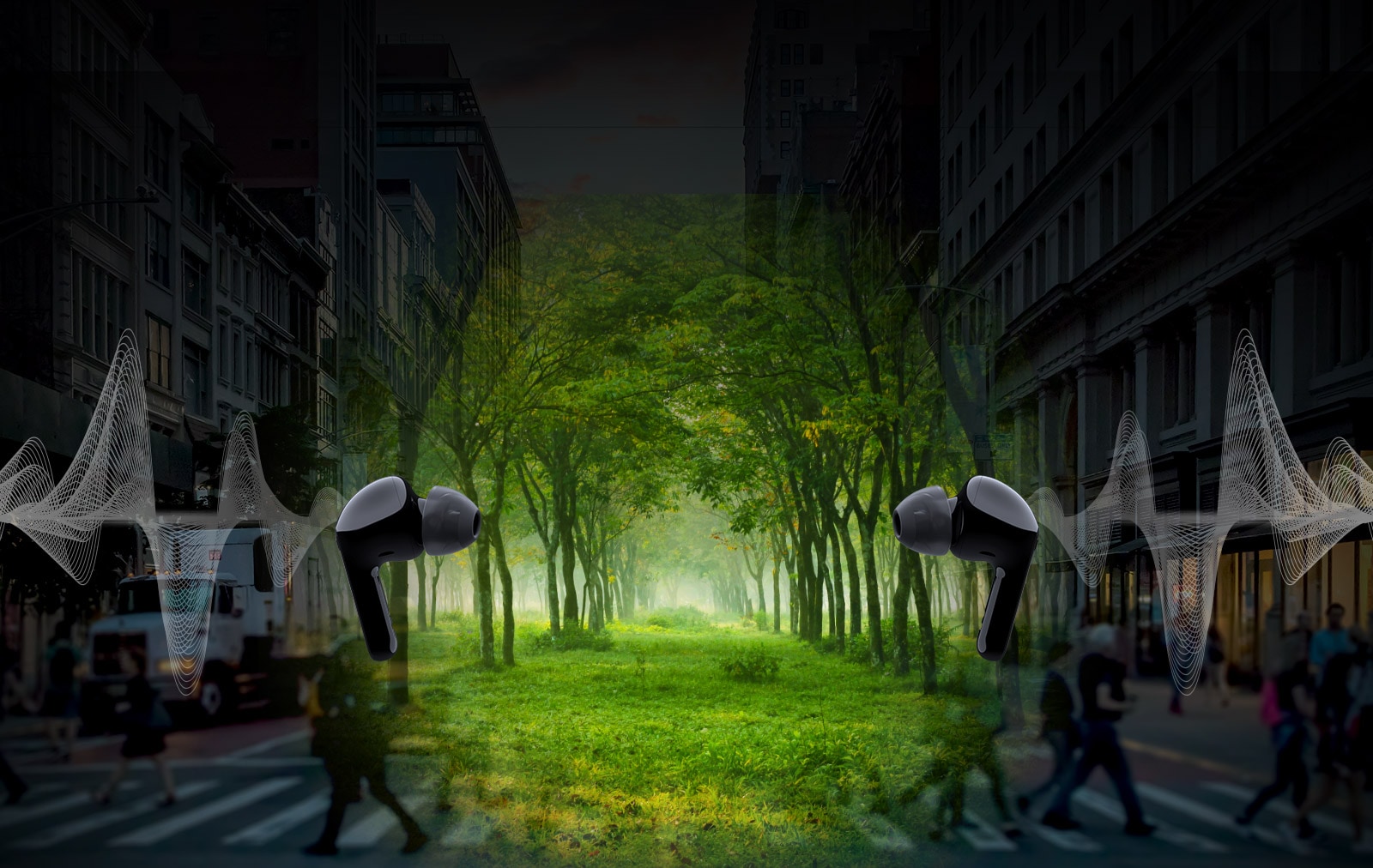 Изображение на две слушалки, обърнати една към друга, зад всяка от тях се вижда илюстрация на вълни. И тъй като е виртуално пространство, това е град, но в средата има гора.