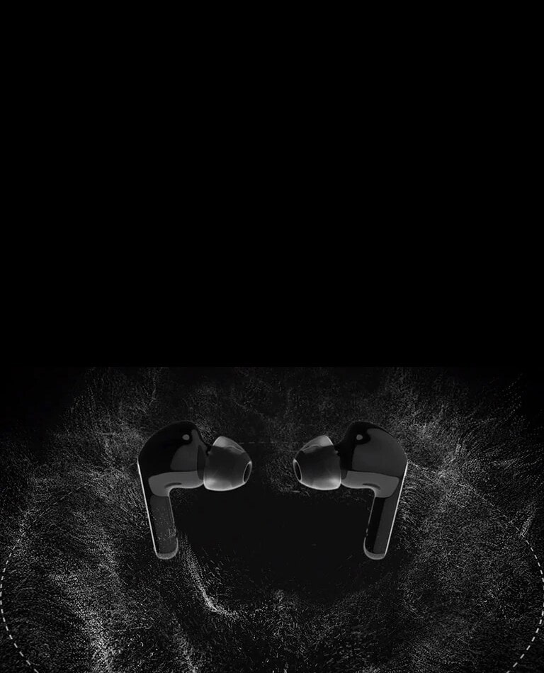 Частици, които се движат ритмично, следвайки ритъма и две слушалки, поставени една срещу друга.