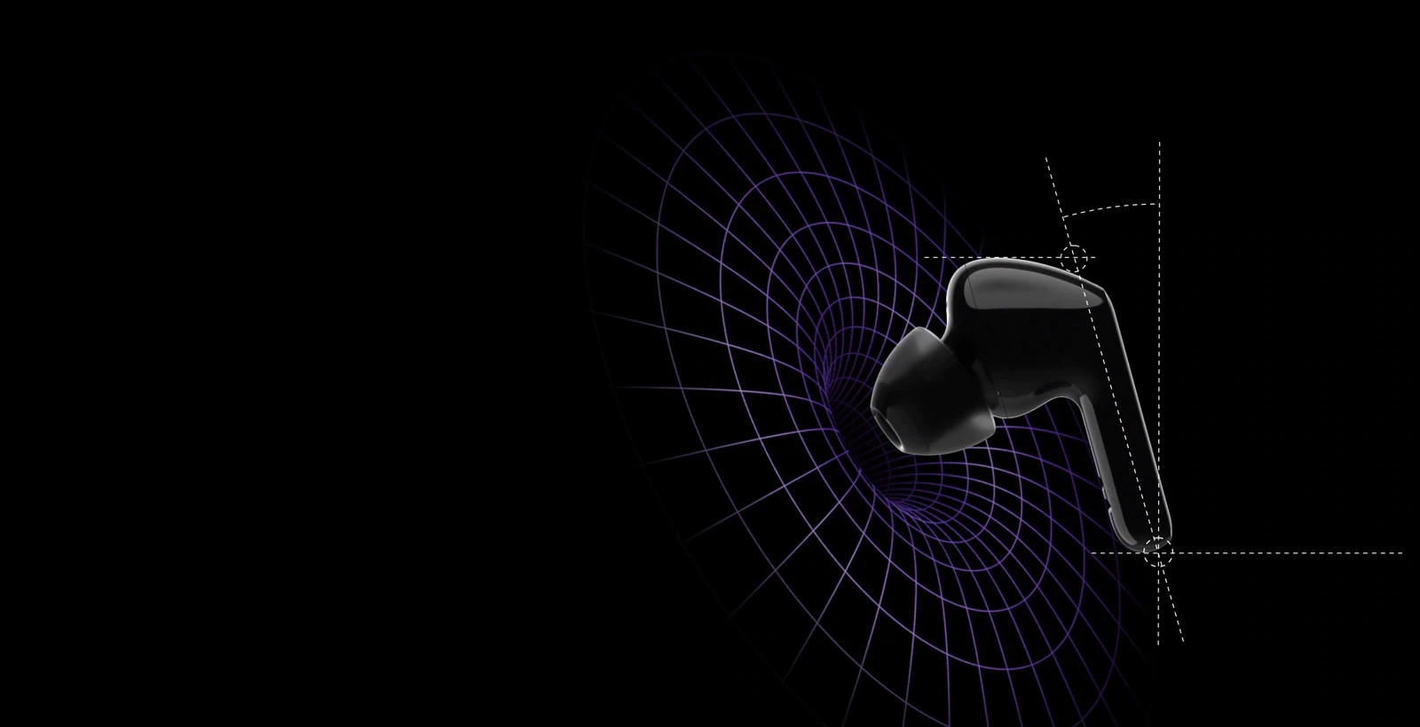 Изображение на слушалки във виртуално пространство с диаграми, показващи, че тежестта е центрирана в предната част на слушалката