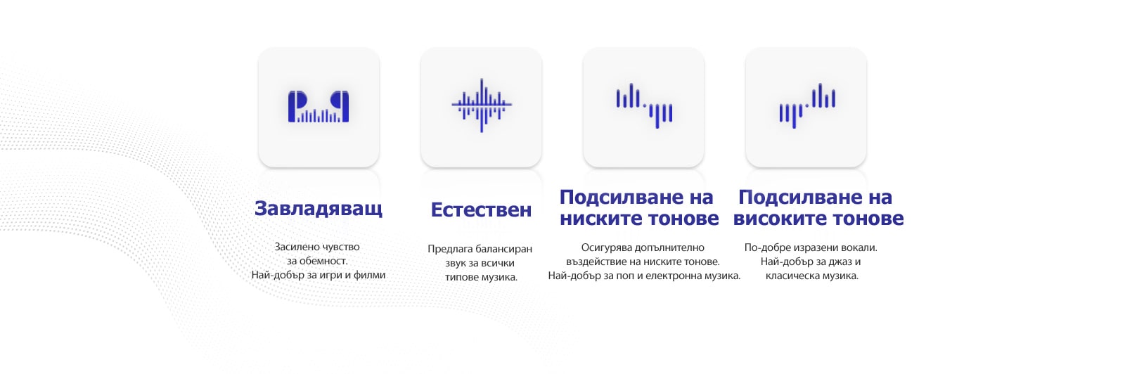 Има 4 пиктограми за режимите за еквалайзера от Meridian.