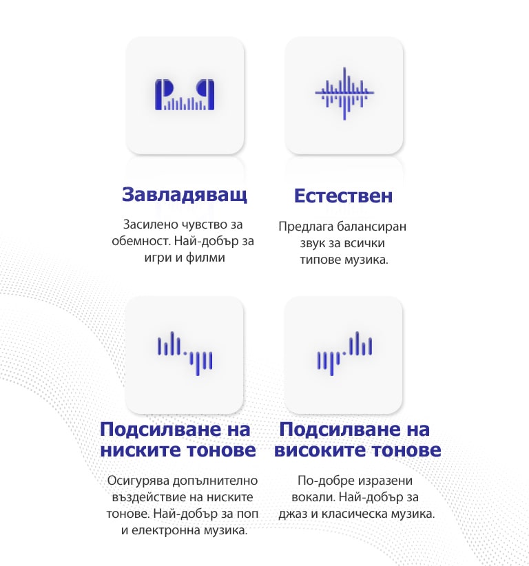 Има 4 пиктограми за режимите за еквалайзера от Meridian.