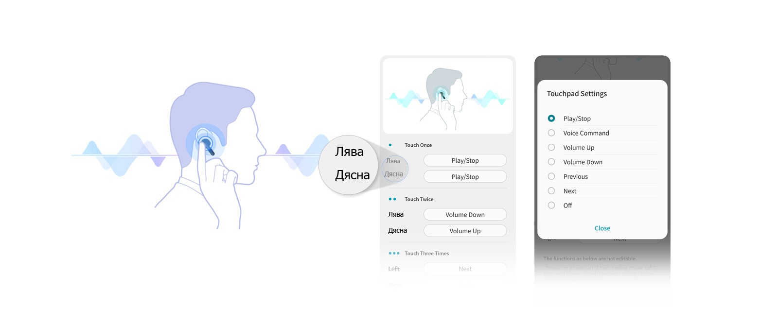 Илюстрация на страничен изглед на мъж, който докосва слушалката в ухото си. Екрани с потребителски интерфейс на приложението показват, че хората могат да регулират настройката на тъчпада за лявата и дясната слушалка.