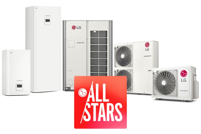 В центъра е логото на LG All Stars, а зад него са изброени пет термопомпи LG Air to Water THERMA V.