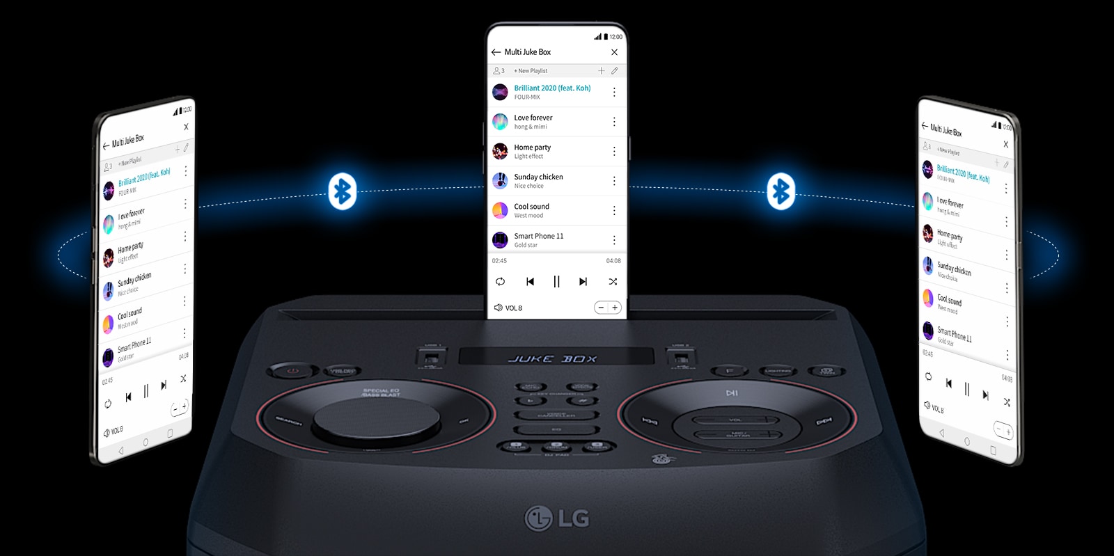 Смартфон, поставен върху LG XBOOM RNC5, с два други смартфона, които се реят около него. Между смартфоните е показано логото на Bluetooth.