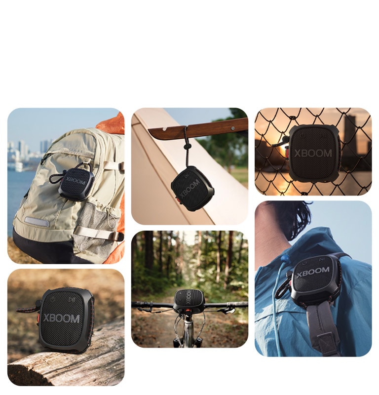 Изображения, които показват как да прикачите LG XBOOM Go XG2T в ежедневието.