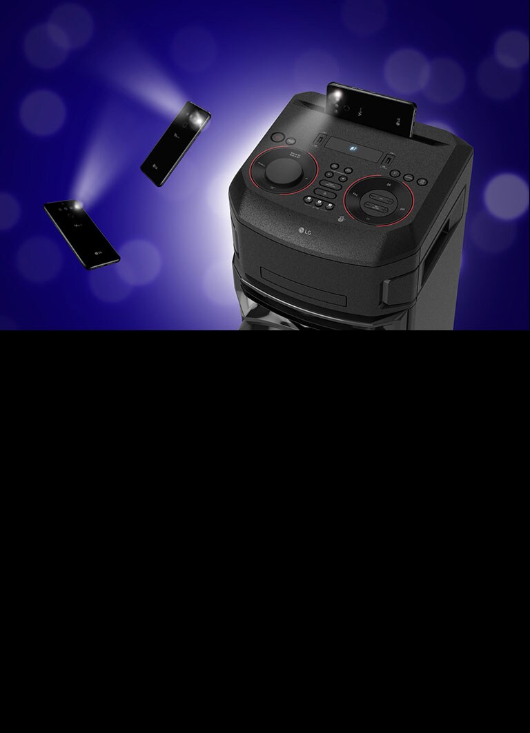 Изглед в близък план на горната страна на LG XBOOM. Около нея плуват два мигащи смартфона.