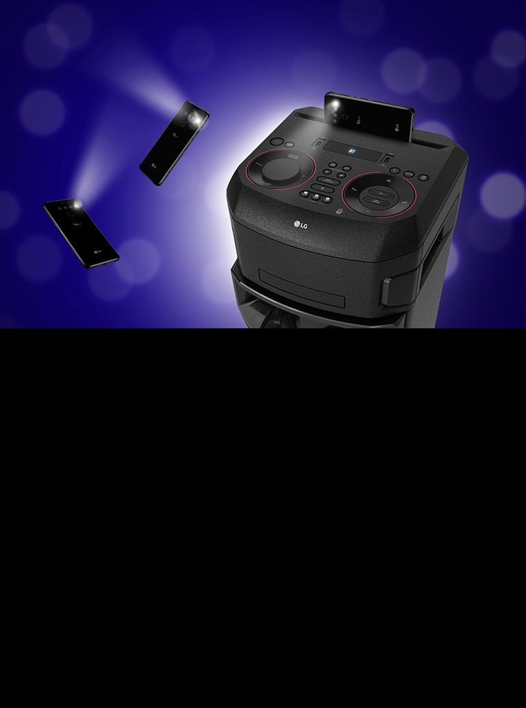 Изглед в близък план на горната страна на LG XBOOM. Около нея плуват два мигащи смартфона.