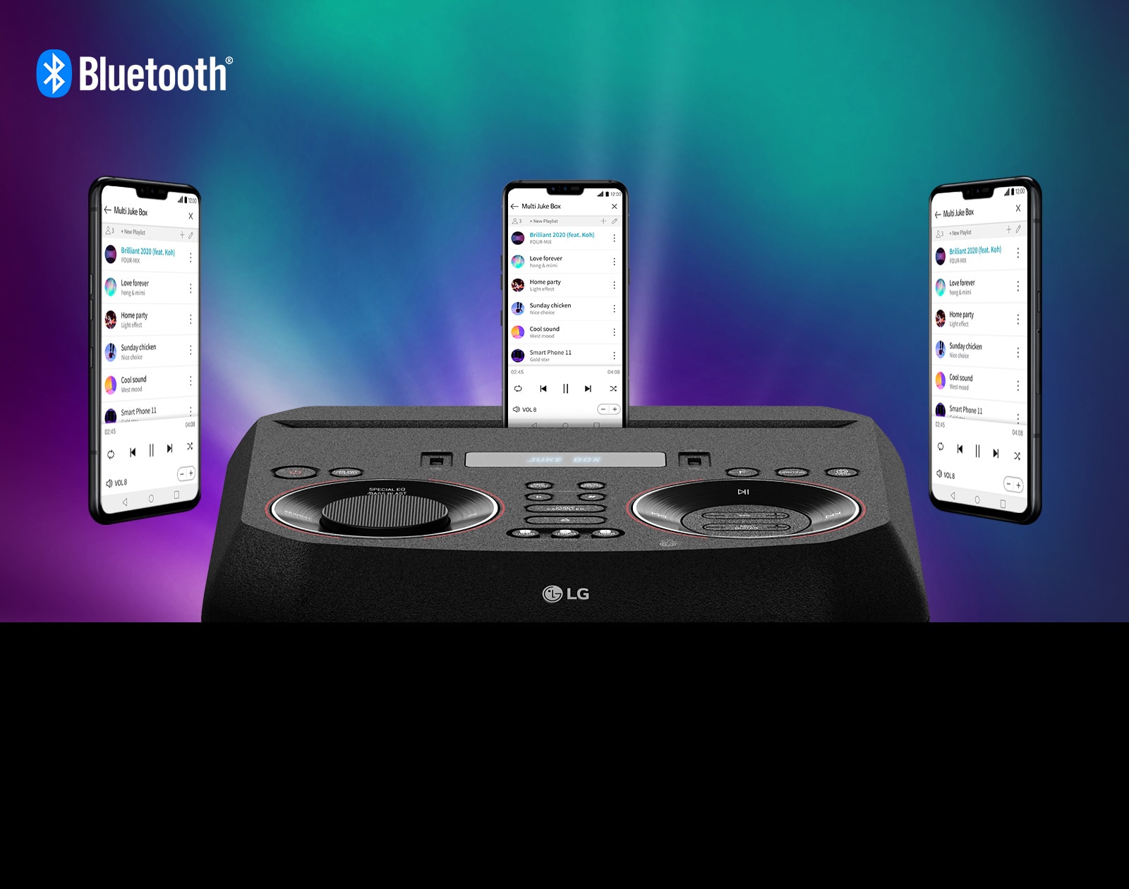 Върху LG XBOOM е поставен смартфон, а два други смартфона плуват около него. В горния ляв ъгъл се вижда логото на Bluetooth.