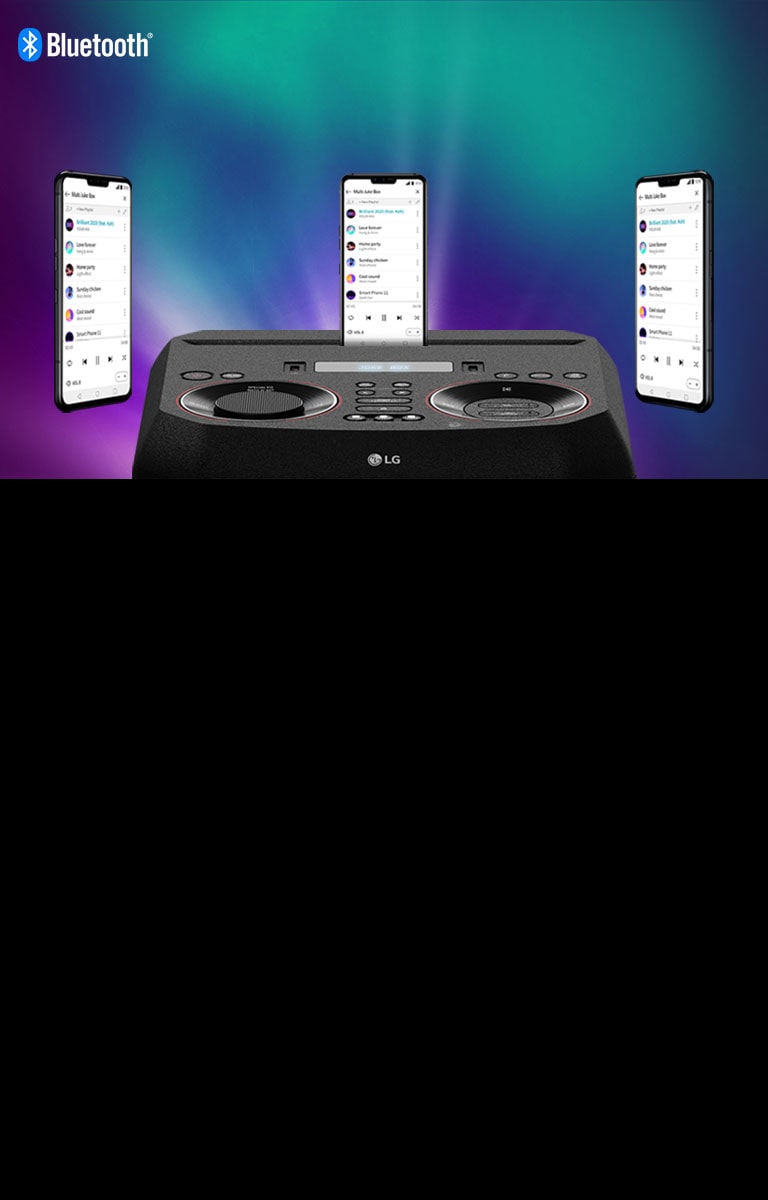Върху LG XBOOM е поставен смартфон, а два други смартфона плуват около него. В горния ляв ъгъл се вижда логото на Bluetooth.