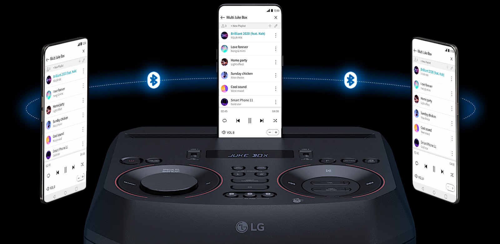 Смартфон, поставен върху LG XBOOM RNC9, с два други смартфона, които се реят около него. Между смартфоните е показано логото на Bluetooth.