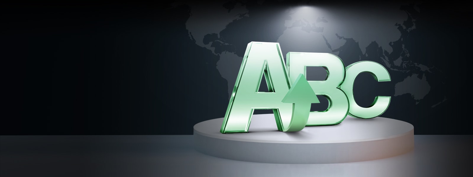 На сцената пред фона на световната карта има букви A, B и C.