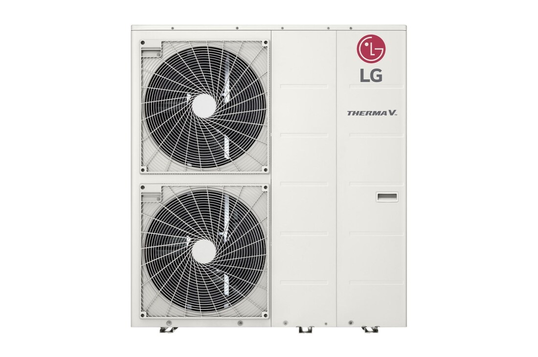 LG R32 Monobloc S, 1Ø, 14kW, Изглед отпред на бял правоъгълен LG R32 Monobloc S с два кръгли вентилатора във вертикална посока и лого на LG горе вдясно., HM141MR U34