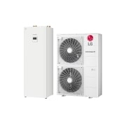 LG R32 Hydrosplit IWT, 1Ø, 12kW, 45-градусов изглед отдясно на бяло правоъгълно IWT вътрешно тяло и стоящо на пода външно тяло с два кръгли вентилатора, показани един до друг., HN1616Y NB1 + HU121MRB U30, thumbnail 1