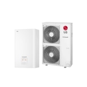 LG R410A Split Hydro Box, 1Ø, 12kW, 45-градусов изглед отдясно на бяло правоъгълно вътрешно тяло и външно тяло с два кръгли вентилатора, показани едно до друго., HN1616M NK5 + HU121MA U33, thumbnail 1