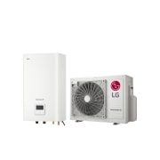 LG R32 Split 4/6 kW Hydro Box, 1Ø, 4kW, 45-градусов изглед отдясно на бяло правоъгълно вътрешно тяло и външно тяло с два кръгли вентилатора, показани едно до друго., HN0613M NK5 + HU041MR U20, thumbnail 1