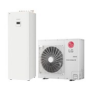 LG R32 Split 5/7/9 kW IWT, 1Ø, 7kW, 45-градусов изглед отдясно на бяло правоъгълно IWT вътрешно тяло и стоящо на пода външно тяло с кръгъл вентилатор, показани едно до друго., HN0913T NK0 + HU071MR U44, thumbnail 1