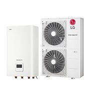 LG R32 Hydrosplit Hydro Box, 1Ø, 16kW, 45-градусов изглед отдясно на бяло правоъгълно вътрешно тяло и стоящо на пода външно тяло с два кръгли вентилатора, показани едно до друго., HN1600MC NK1 + HU161MRB U30, thumbnail 1