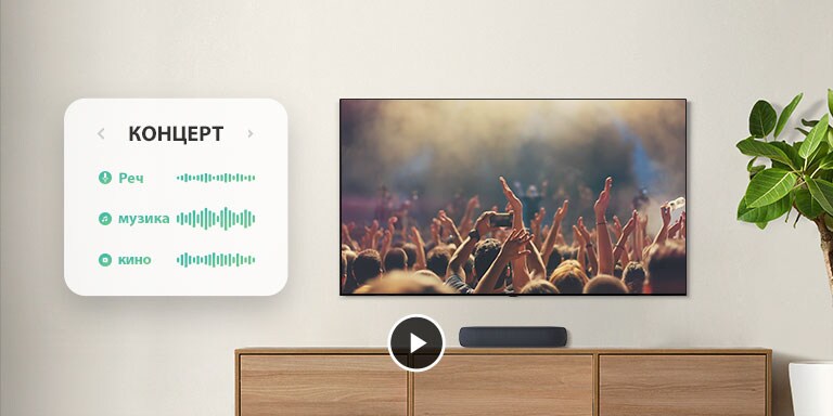 Телевизорът е на стената. По телевизията се показват хора, които ръкопляскат на концерта, каналът се превключва на филмова сцена с шофираща кола в гората, а каналът за пореден път се превключва на новини и дикторът говори. Саундбарът LG е точно под телевизора на дървен рафт.