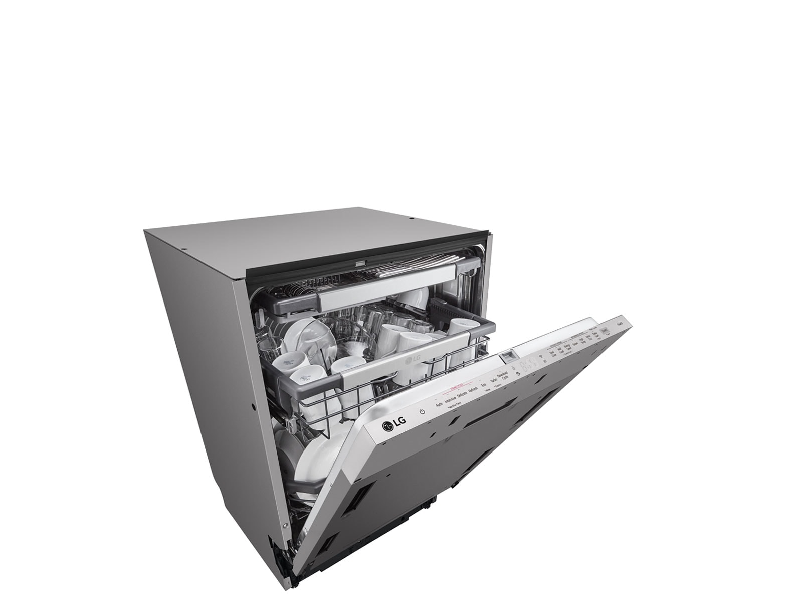 Показва изображение на модел съдомиялна с частично отворена врата.