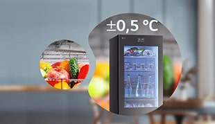 Изображения на горната част на хладилника със знак плюс или минус 0,5 градуса и пресни зеленчуци в мехурчета.