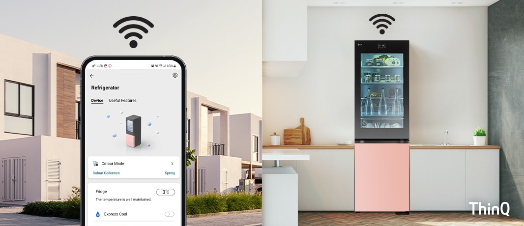 Разделено изображение на смартфон, използващ приложението LG ThinQ на улицата, и LG InstaView с MoodUP хладилник с долан камера в кухнята, свързани помежду си чрез Wi-Fi.