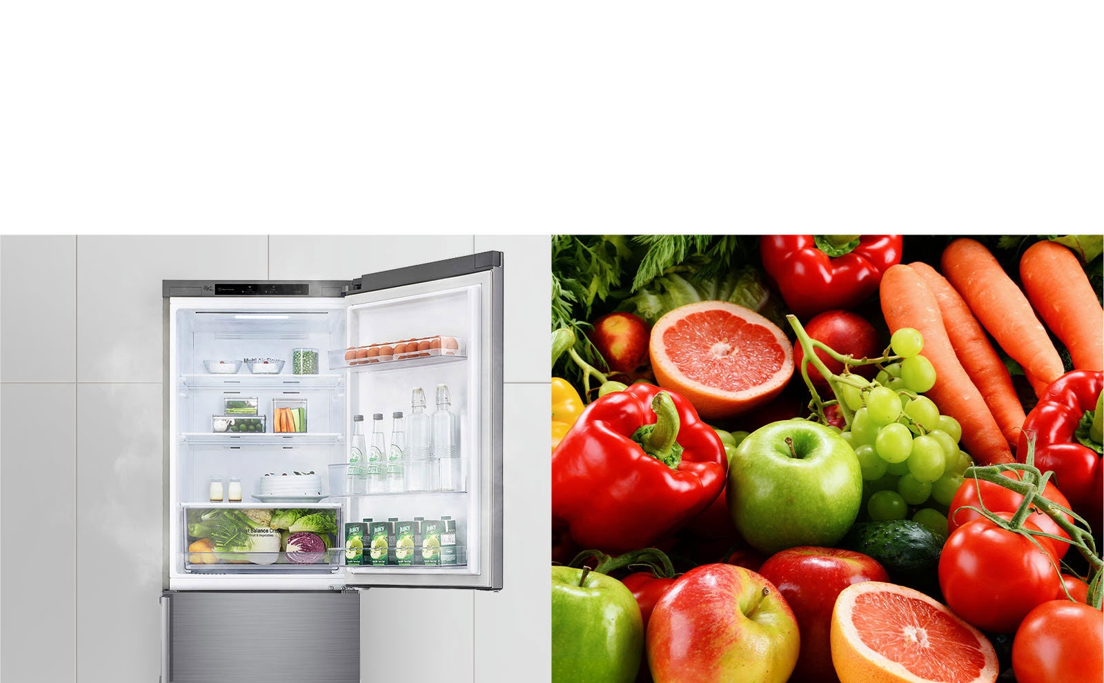 Първото изображение показва хладилника пълен с напитки и продукти с отворена горна врата. Второто изображение показва ярки и свежи плодове и зеленчуци заедно.