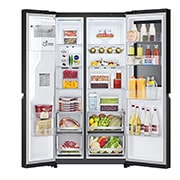LG InstaView™ Side-by-Side хладилник, DoorCooling+™ и ThinQ™ технология, 635L капацитет, Отворена предна врата с изглед към храната, GSGV81EPLL, thumbnail 3
