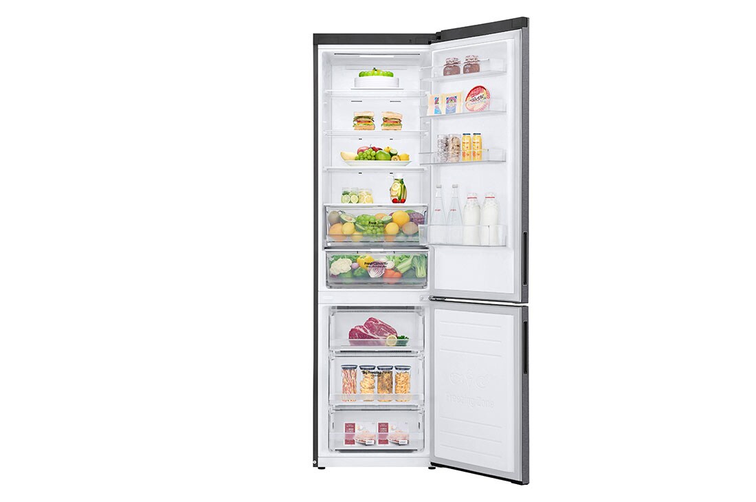 LG Хладилник c долна камера, DoorCooling<sup>+</sup>™ и ThinQ™ технология, 384L капацитет, Отворена предна врата с изглед към храната, GBP62DSXCC1, thumbnail 2