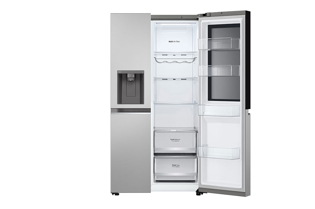 LG InstaView™ Side-by-Side хладилник, DoorCooling+™ и ThinQ™ технология, 635L капацитет, Отворена лява врата без изглед към храната, GSGV80PYLL, thumbnail 13