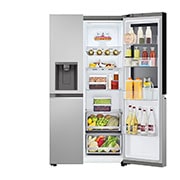 LG InstaView™ Side-by-Side хладилник, DoorCooling+™ и ThinQ™ технология, 635L капацитет, Отворена лява врата с изглед към храната, GSGV80PYLL, thumbnail 12