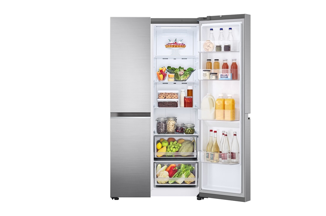 LG Side-by-Side хладилник, DoorCooling+™ технология, 655L капацитет, Отворена лява врата с изглед към храната, GSBV70PZTE, thumbnail 5
