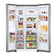 LG Side-by-Side хладилник, DoorCooling+™ технология, 655L капацитет, Отворена предна врата с изглед към храната, GSBV70PZTE, thumbnail 3
