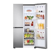 LG Side-by-Side хладилник, DoorCooling+™ технология, 655L капацитет, Отворена лява врата с изглед към храната, GSBV70PZTE, thumbnail 5