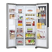 LG InstaView™ Side-by-Side хладилник, DoorCooling⁺™ и ThinQ™ технология, 655L капацитет, Отворена предна врата с изглед към храната, GSVV80PYLL, thumbnail 3