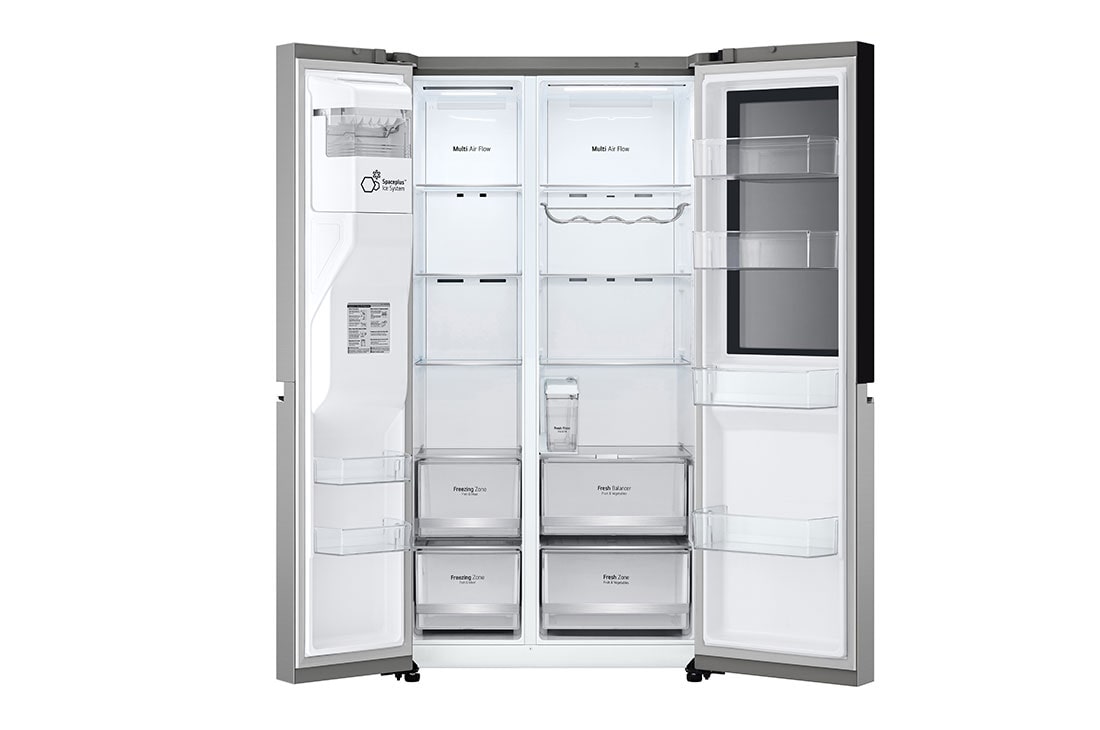 LG InstaView™ Side-by-Side хладилник, DoorCooling+™ и ThinQ™ технология, 635L капацитет, Отворена предна врата без изглед към храната, GSGV81PYLL, thumbnail 4