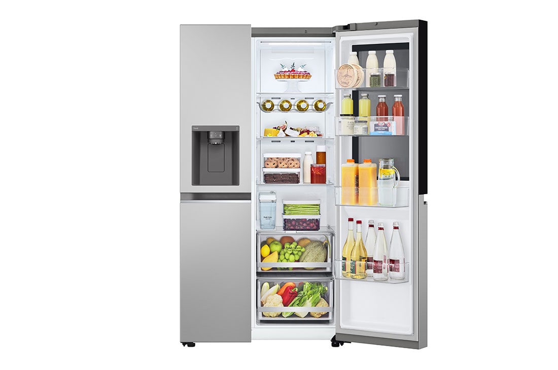 LG InstaView™ Side-by-Side хладилник, DoorCooling+™ и ThinQ™ технология, 635L капацитет, Отворена лява врата с изглед към храната, GSGV81PYLL, thumbnail 12
